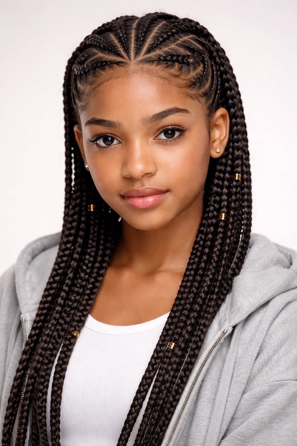 Portrait of head with a polished versatile cornrow pattern