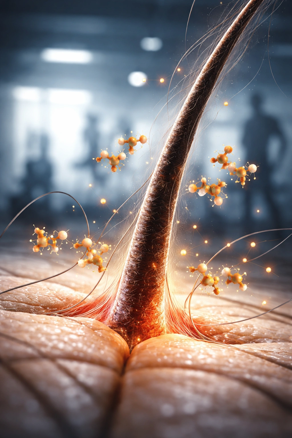 Hair strand with cortisol molecules and gym silhouette in the background