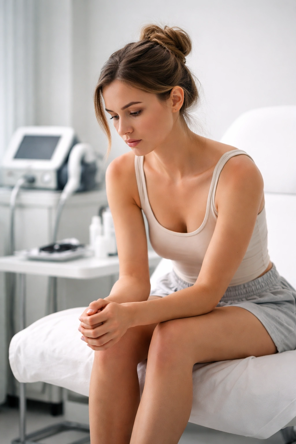 Person contemplating laser hair removal with a thoughtful expression in a clinical setting