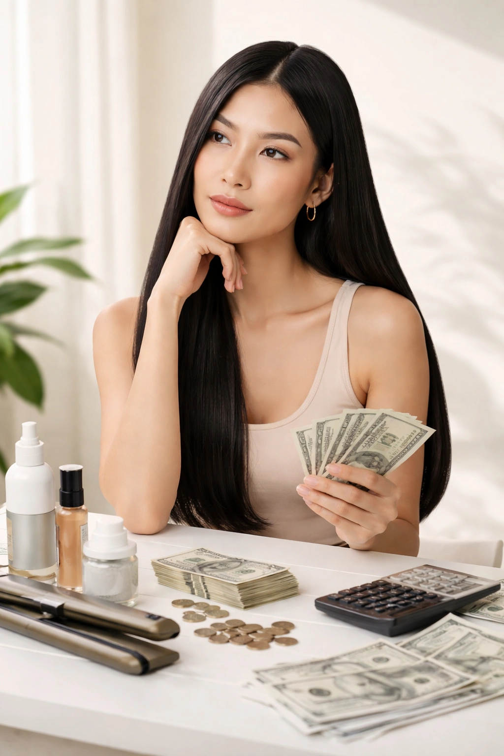 Thoughtful portrait suggesting budgeting considerations for hair straightening