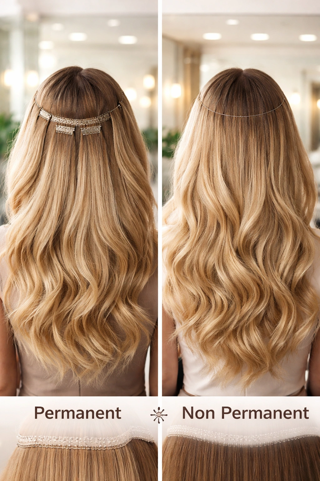 Split-view of two heads comparing clip-in extensions and halo extensions