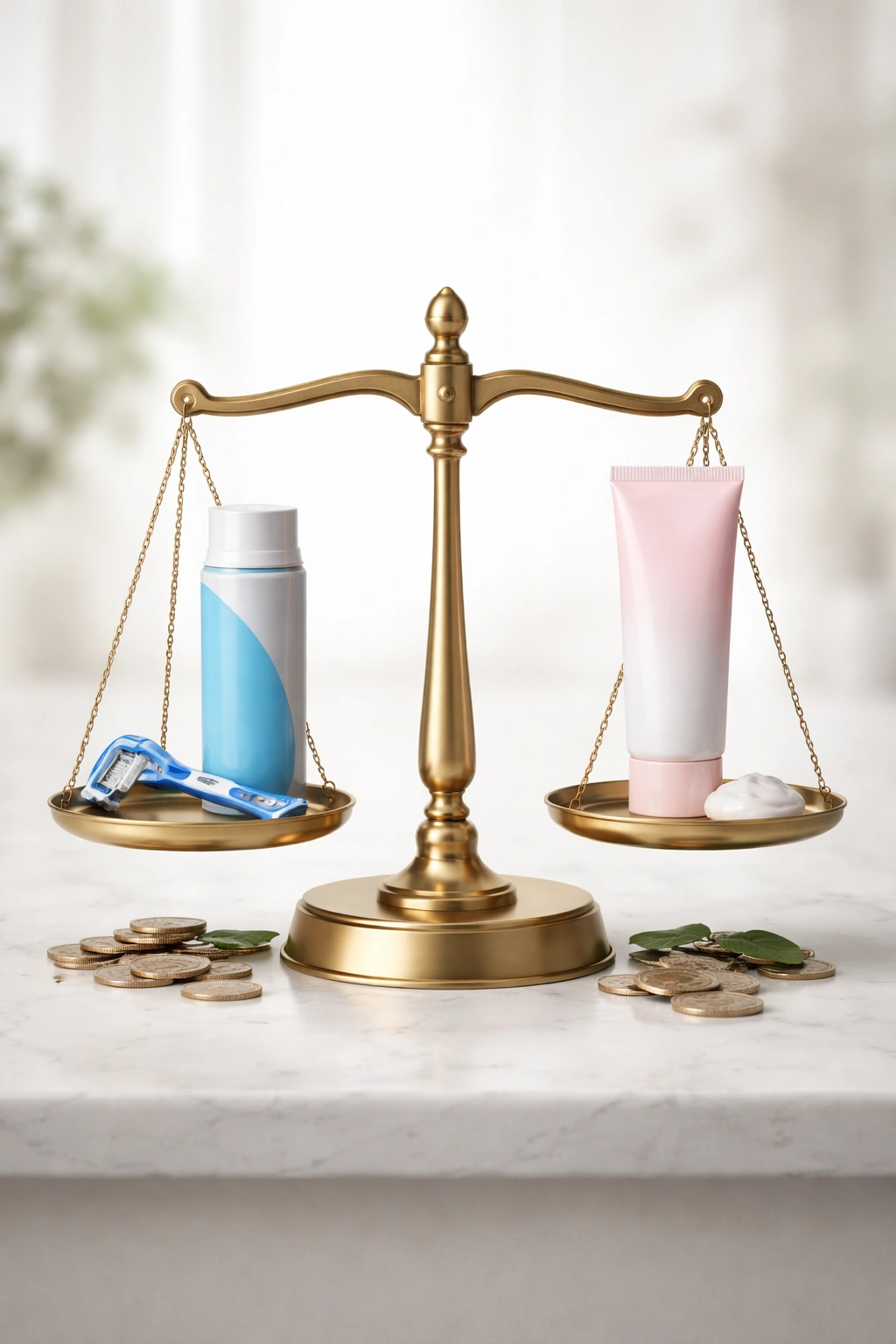 Abstract scale with two product silhouettes showing cost comparison concept