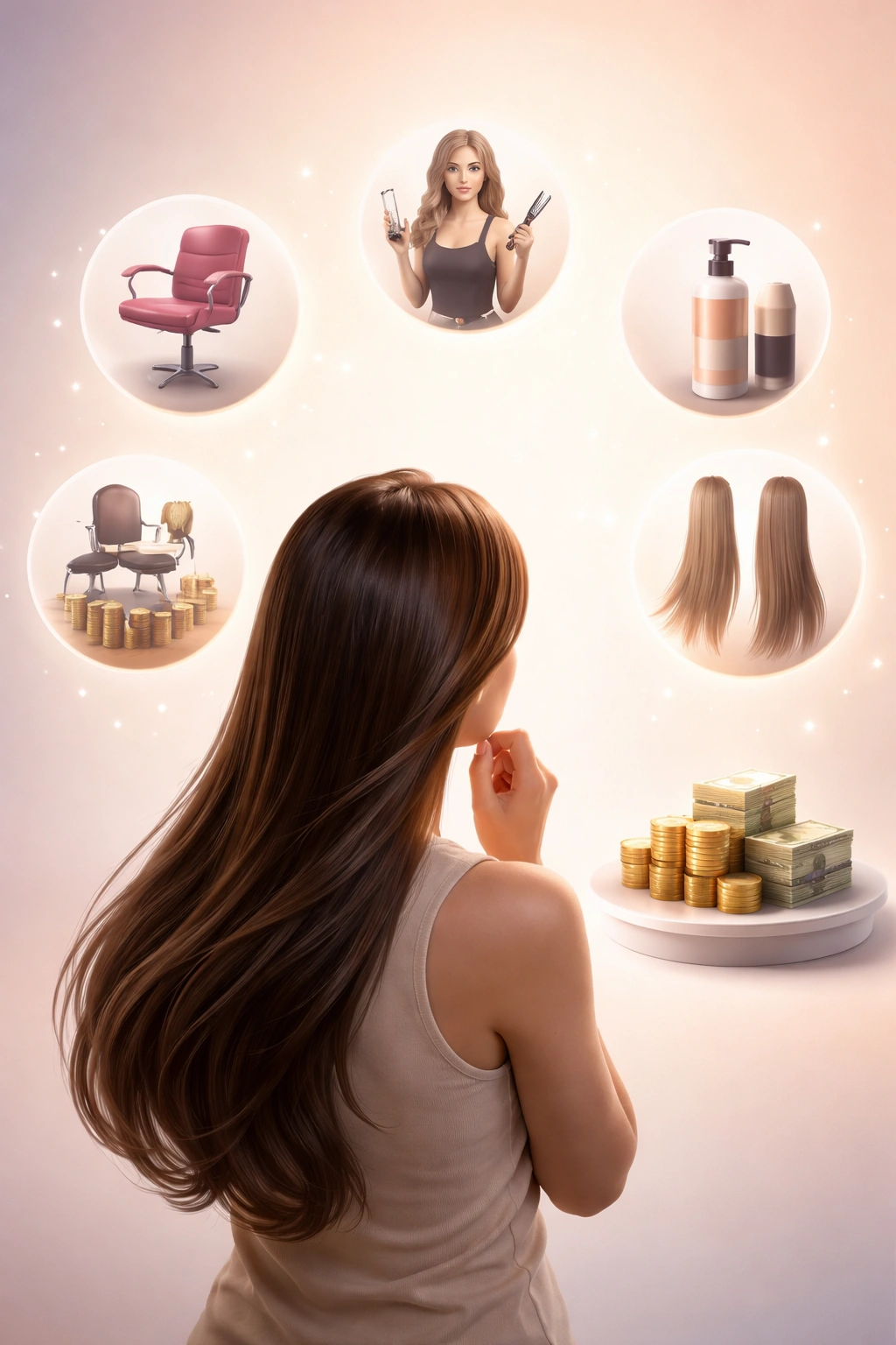 Abstract silhouette representing cost considerations in hair smoothing.