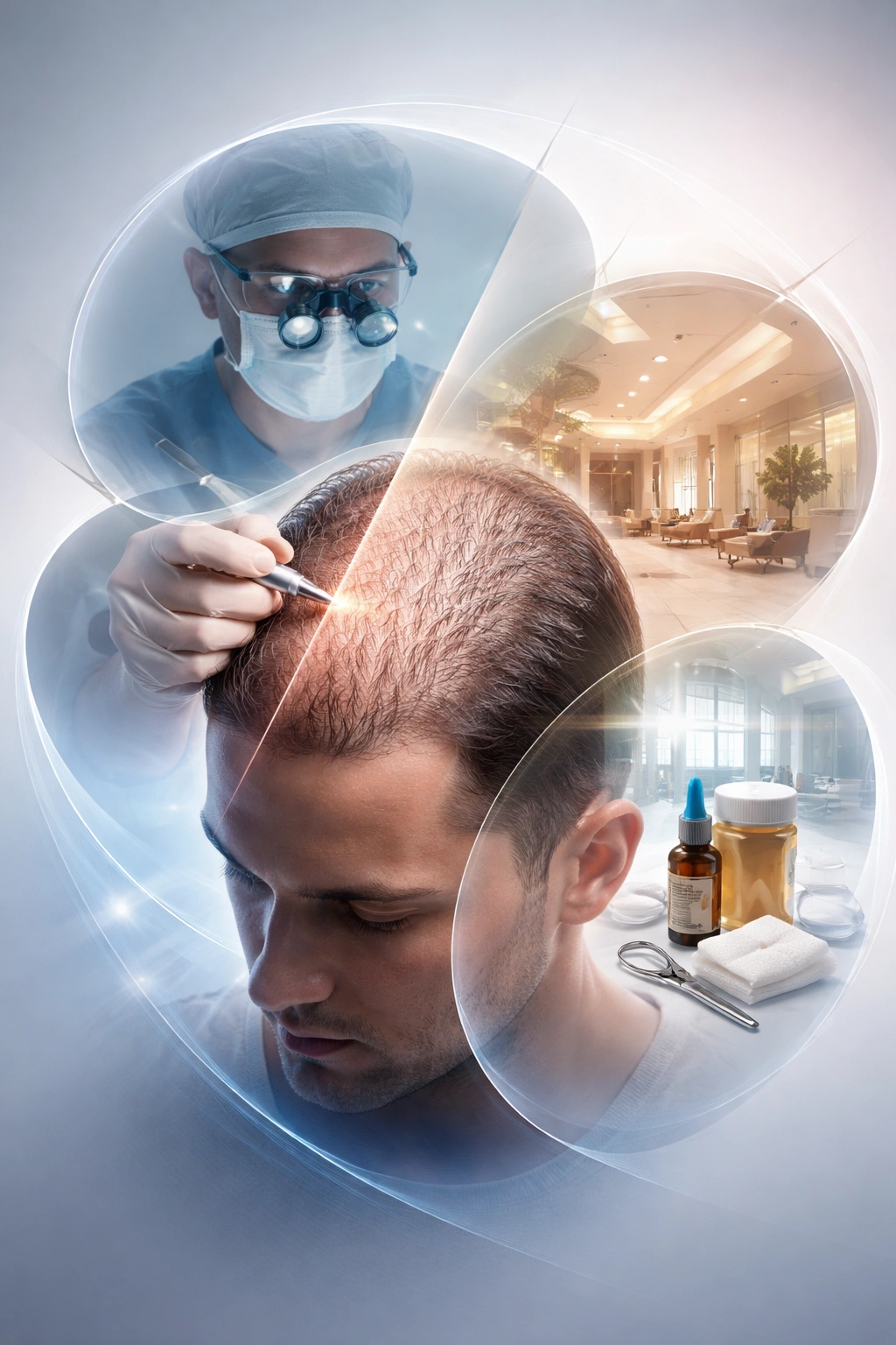 Abstract layers representing factors impacting hair transplant cost