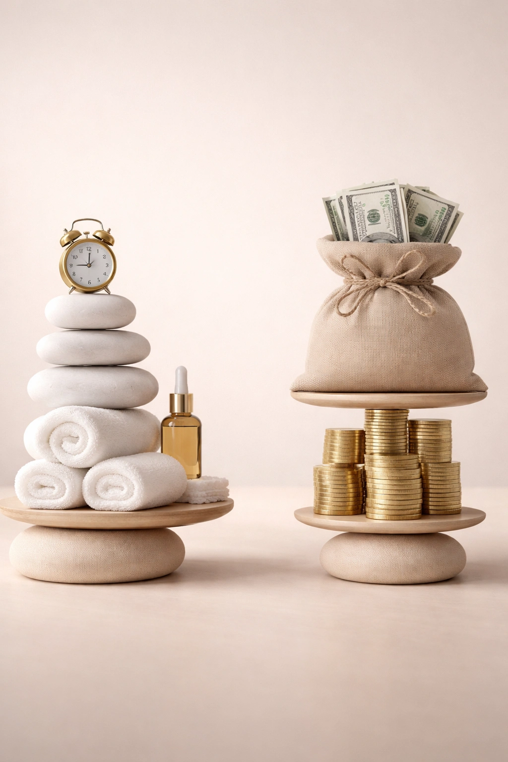 Minimalist still life with abstract value stacks representing investment decisions