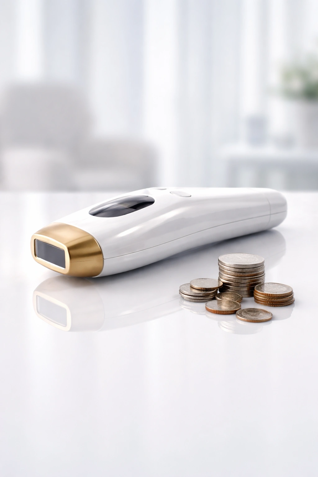 Abstract image of laser device with coins to symbolize cost considerations