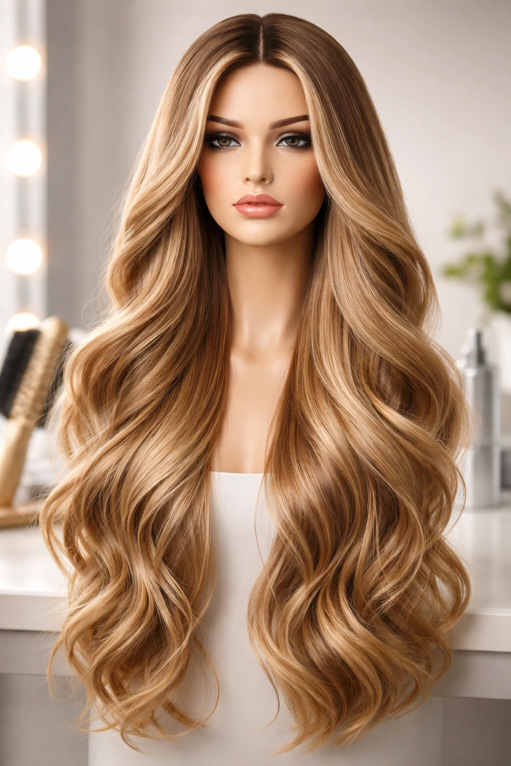 Mannequin head with long glossy clip-in extensions styled in waves