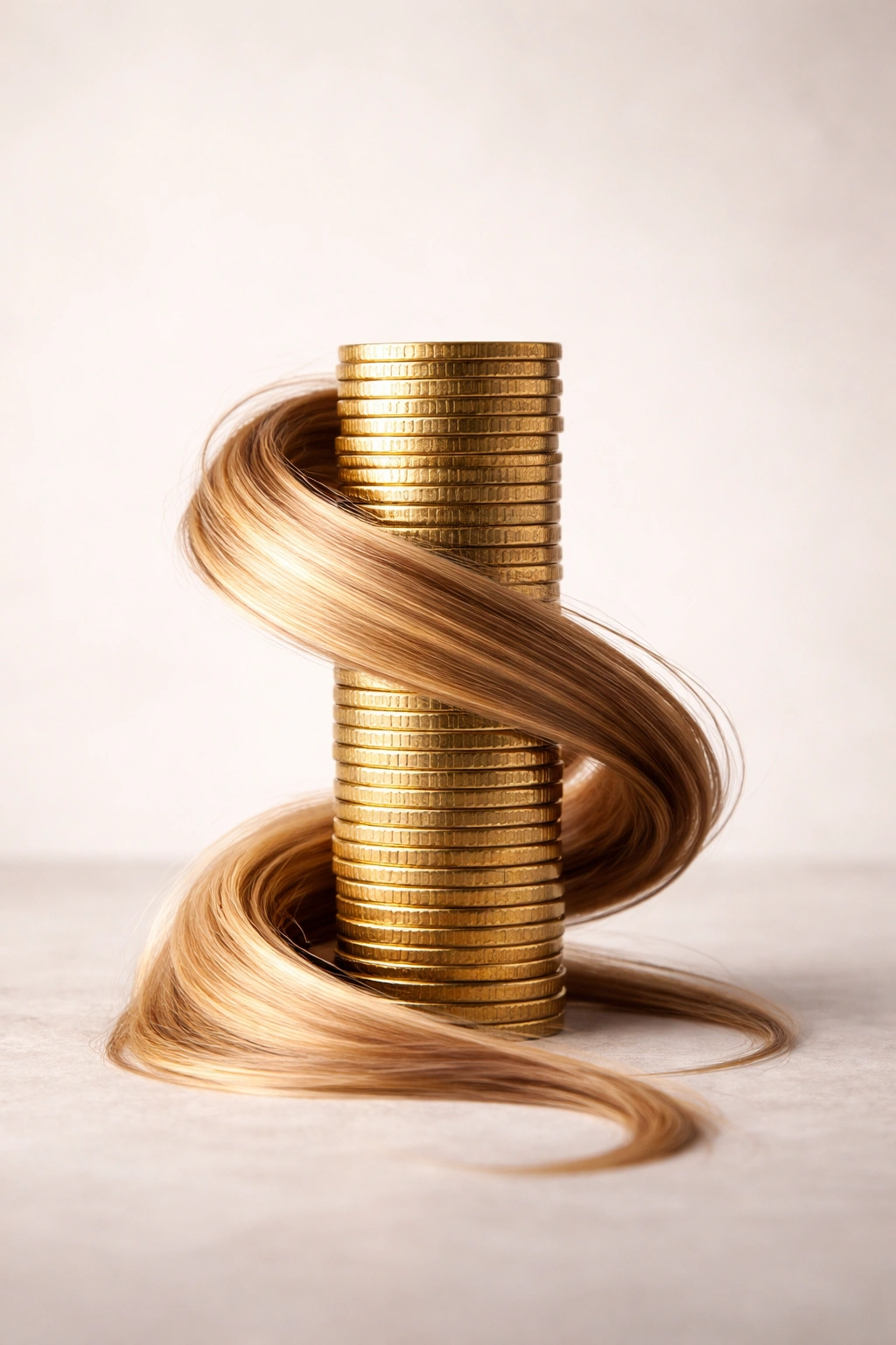 Minimalist coin stack sculpture with a hair strand wrapped around