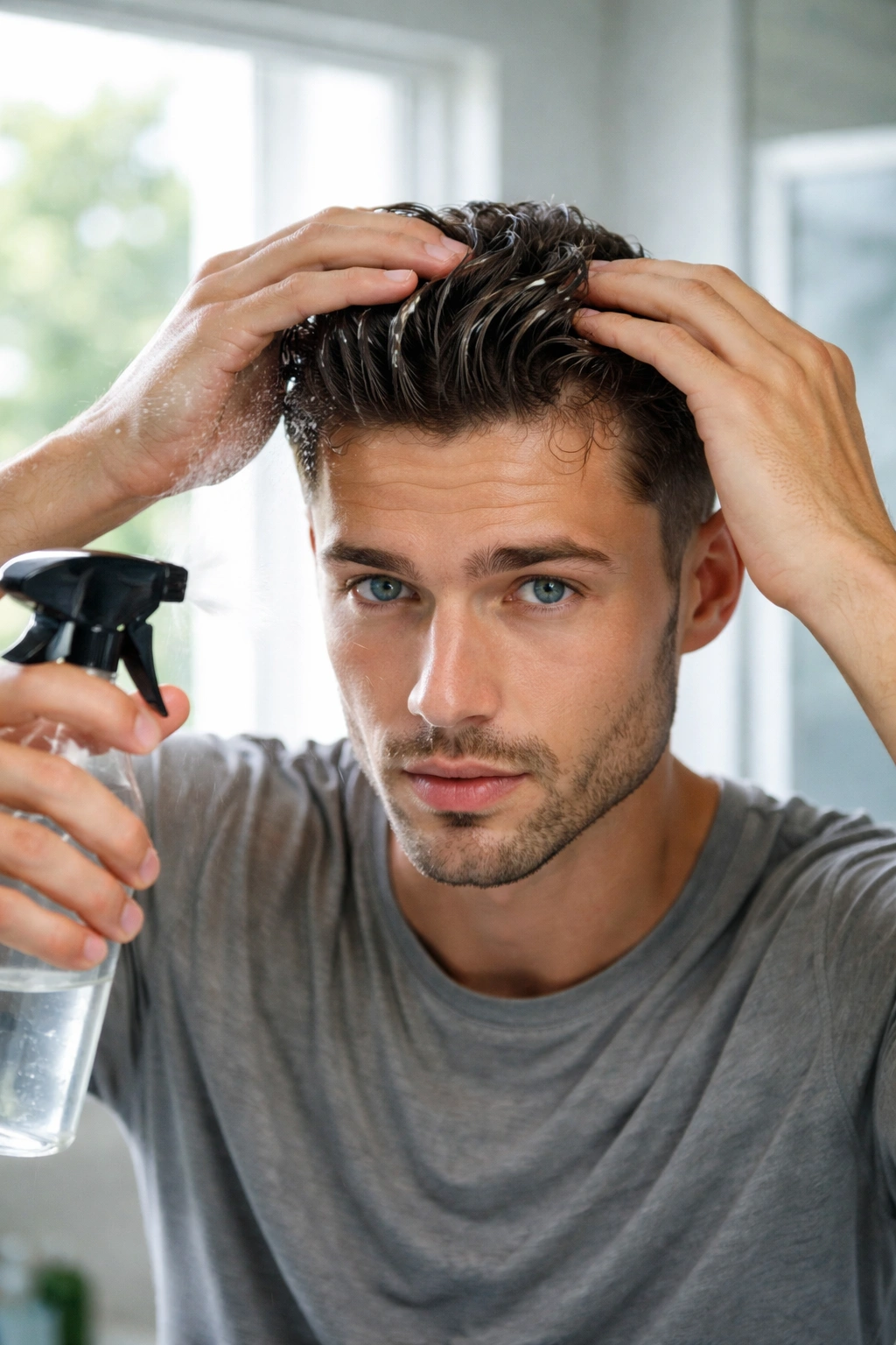 Close-up of hands applying styling cream to a damp cowlick during a quick routine