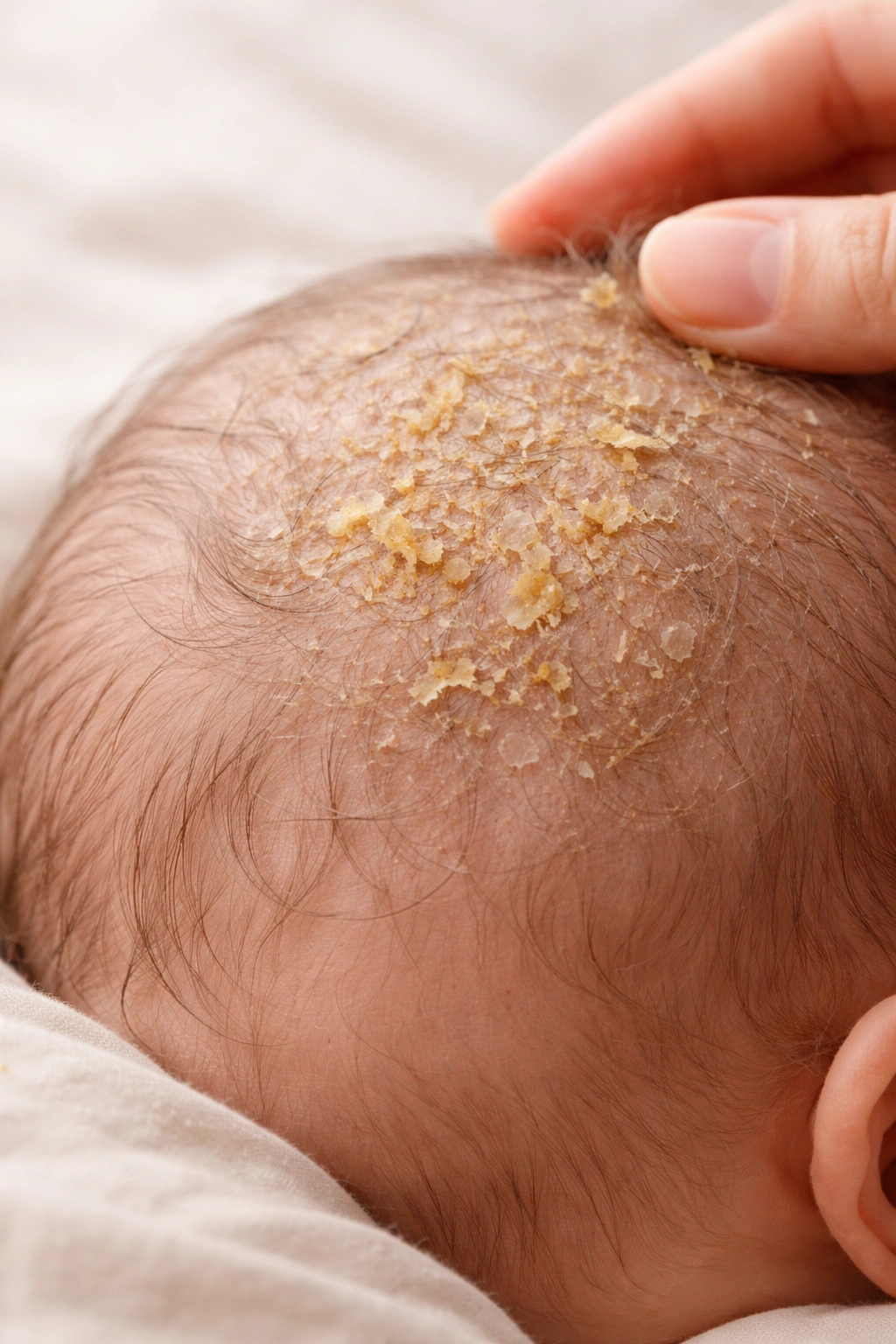 Newborn scalp with cradle cap scales on the crown