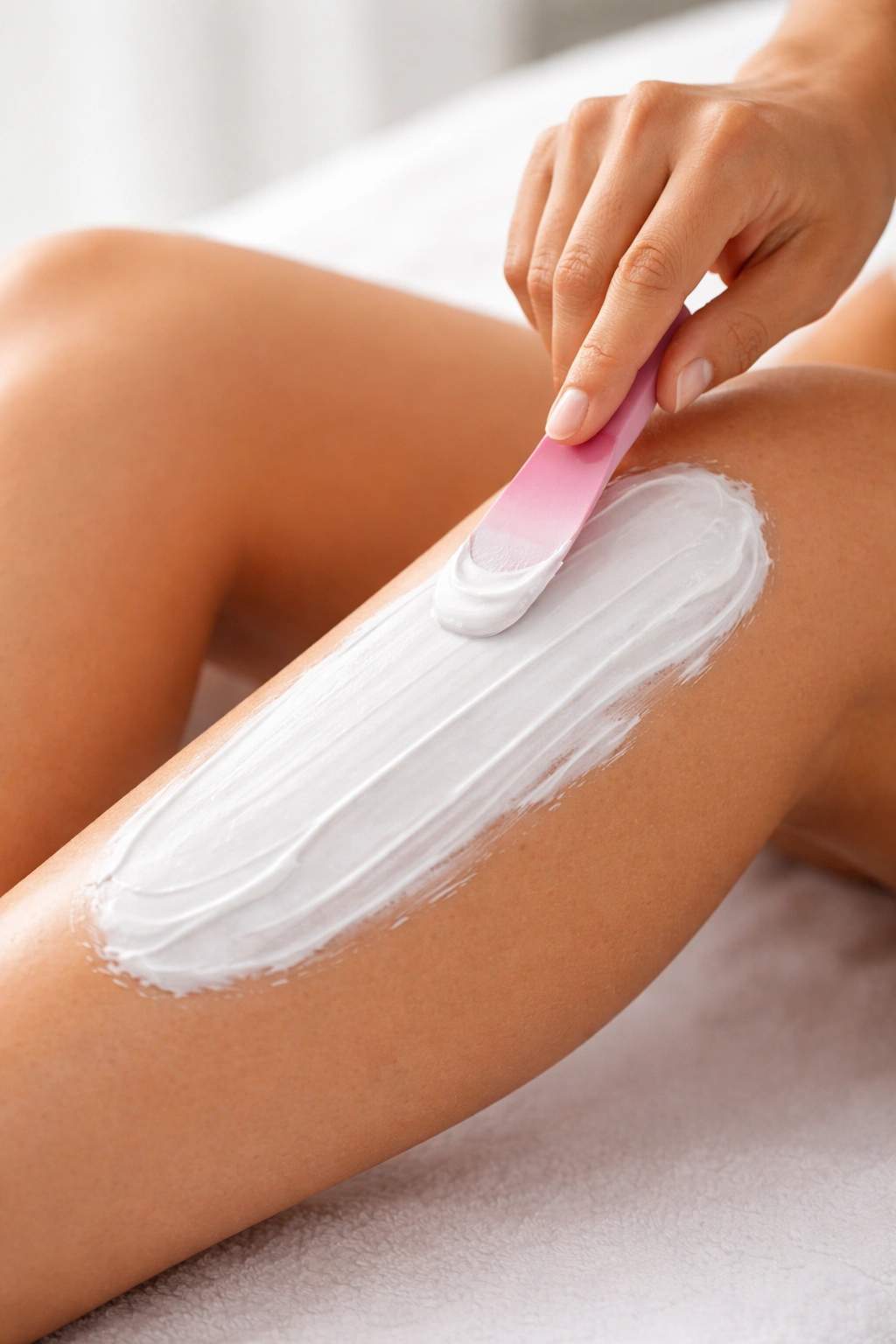 Hand applying cream with spatula in an even layer on skin, depicting the application step