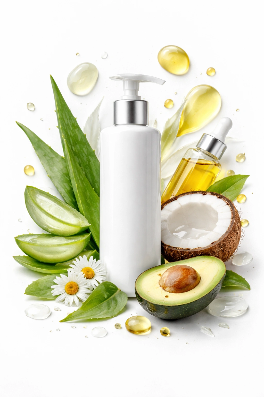 Pump bottle with abstract shapes representing cream ingredients