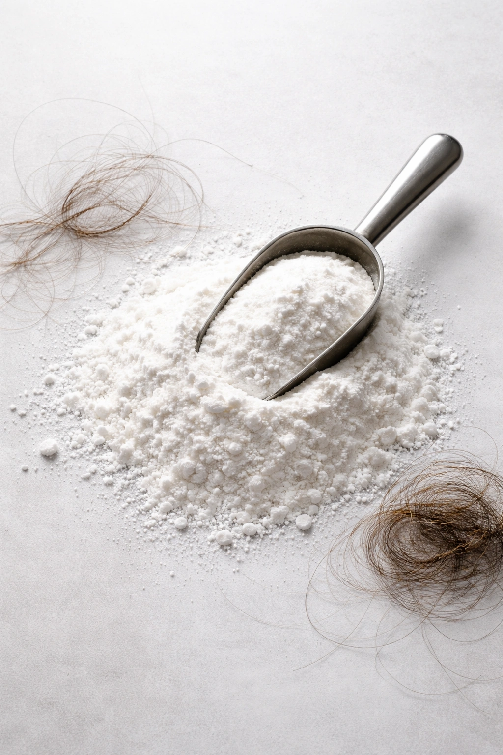 Top-down view of creatine powder with scoop on a neutral surface