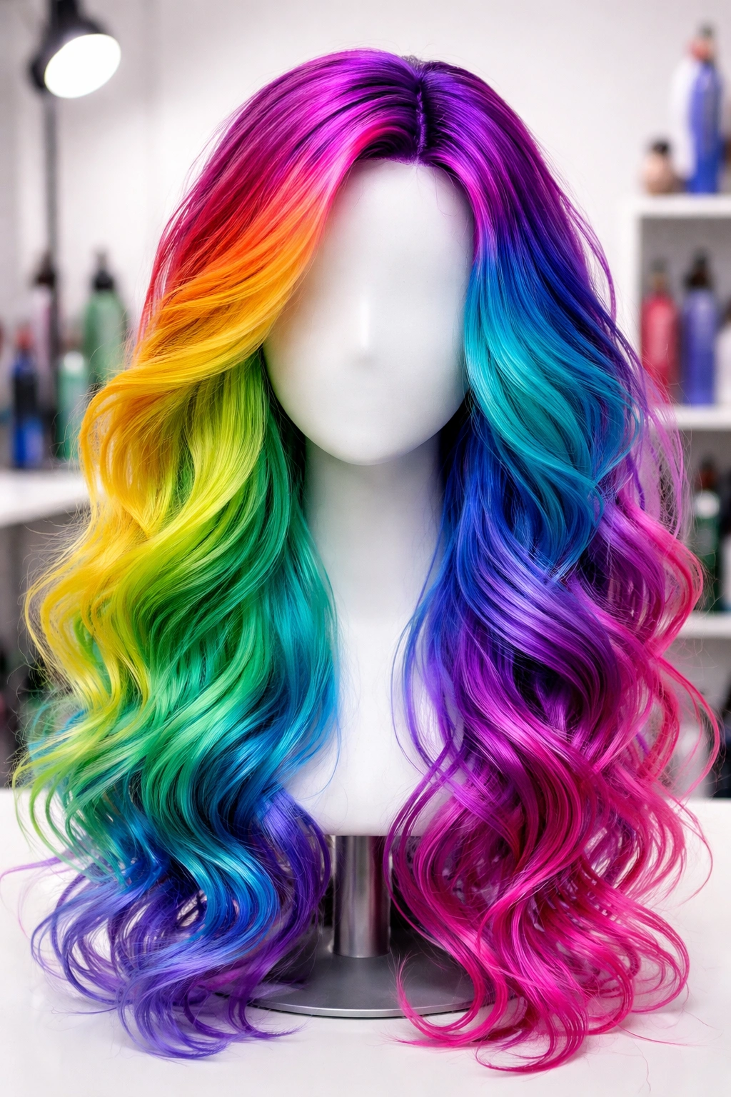 Vibrantly dyed synthetic wig on a mannequin head showcasing creative color possibilities
