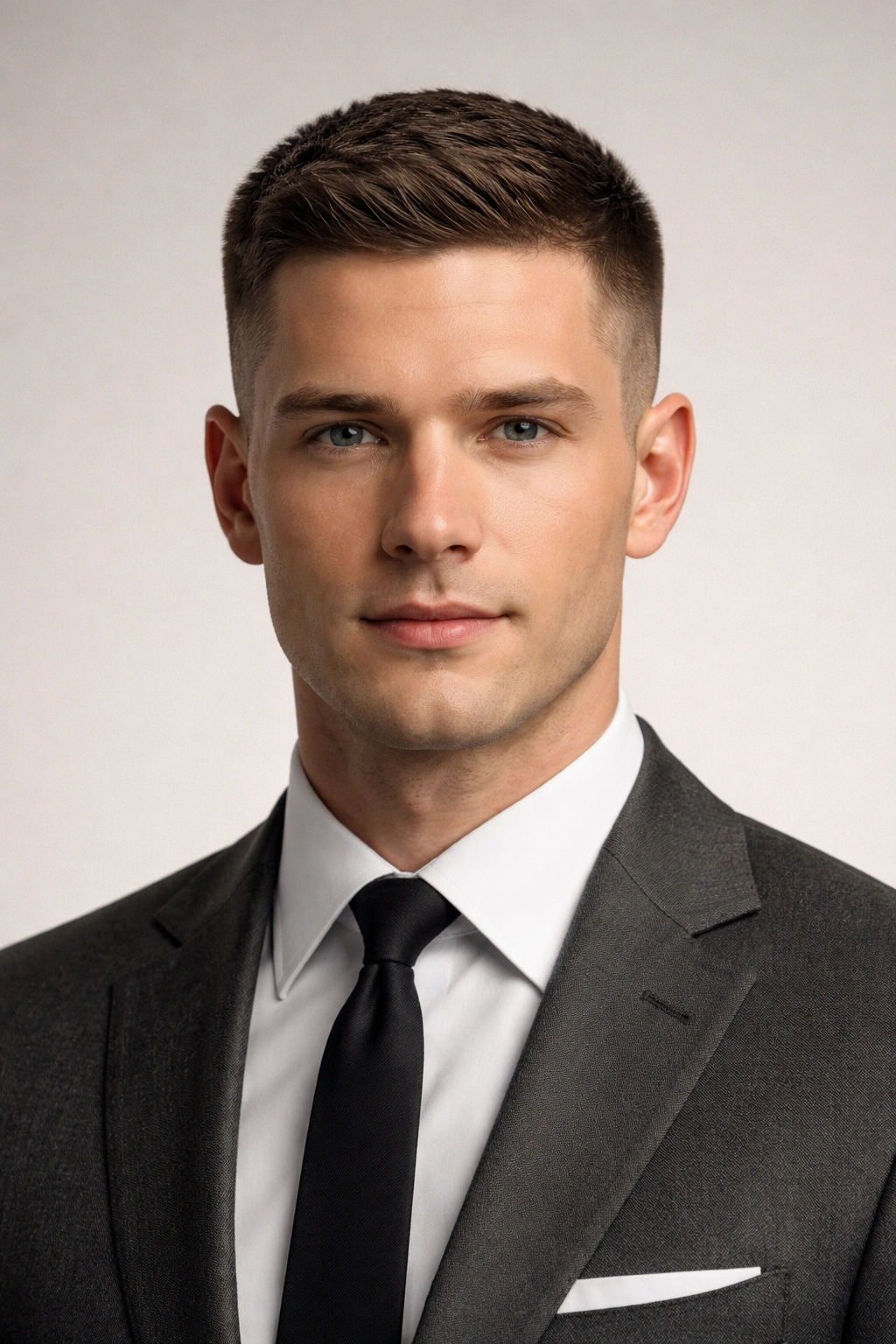 Close-up portrait of a man with a crew cut, neat short sides and slightly longer top