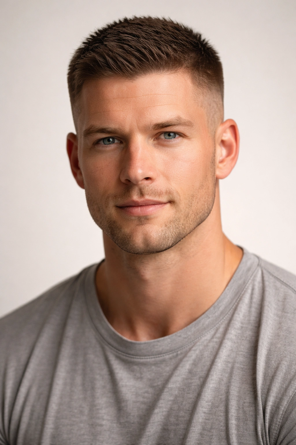 Crew cut on a man with a square jaw and balanced top