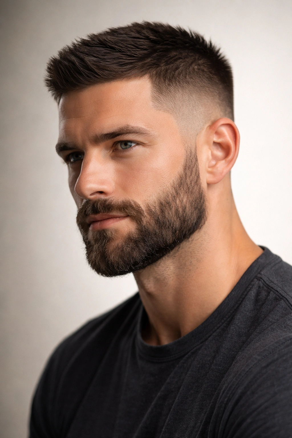Man with crew cut and groomed beard in portrait