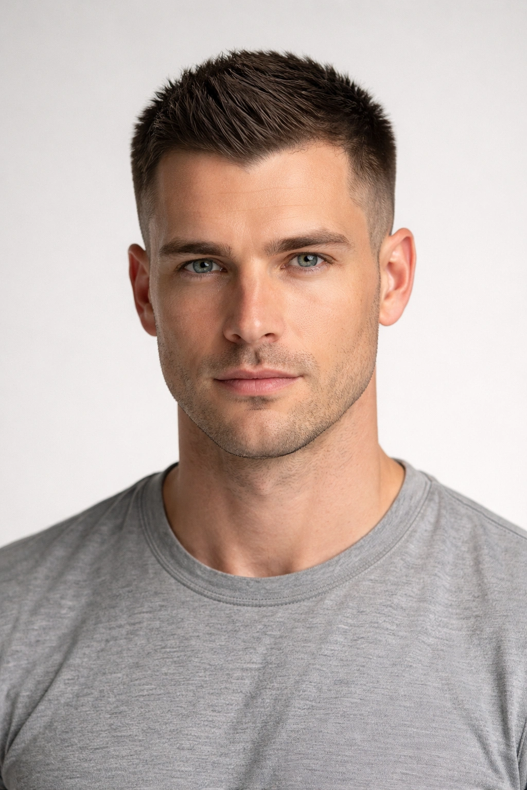 Close-up portrait of a man with a short crew cut and tapered sides