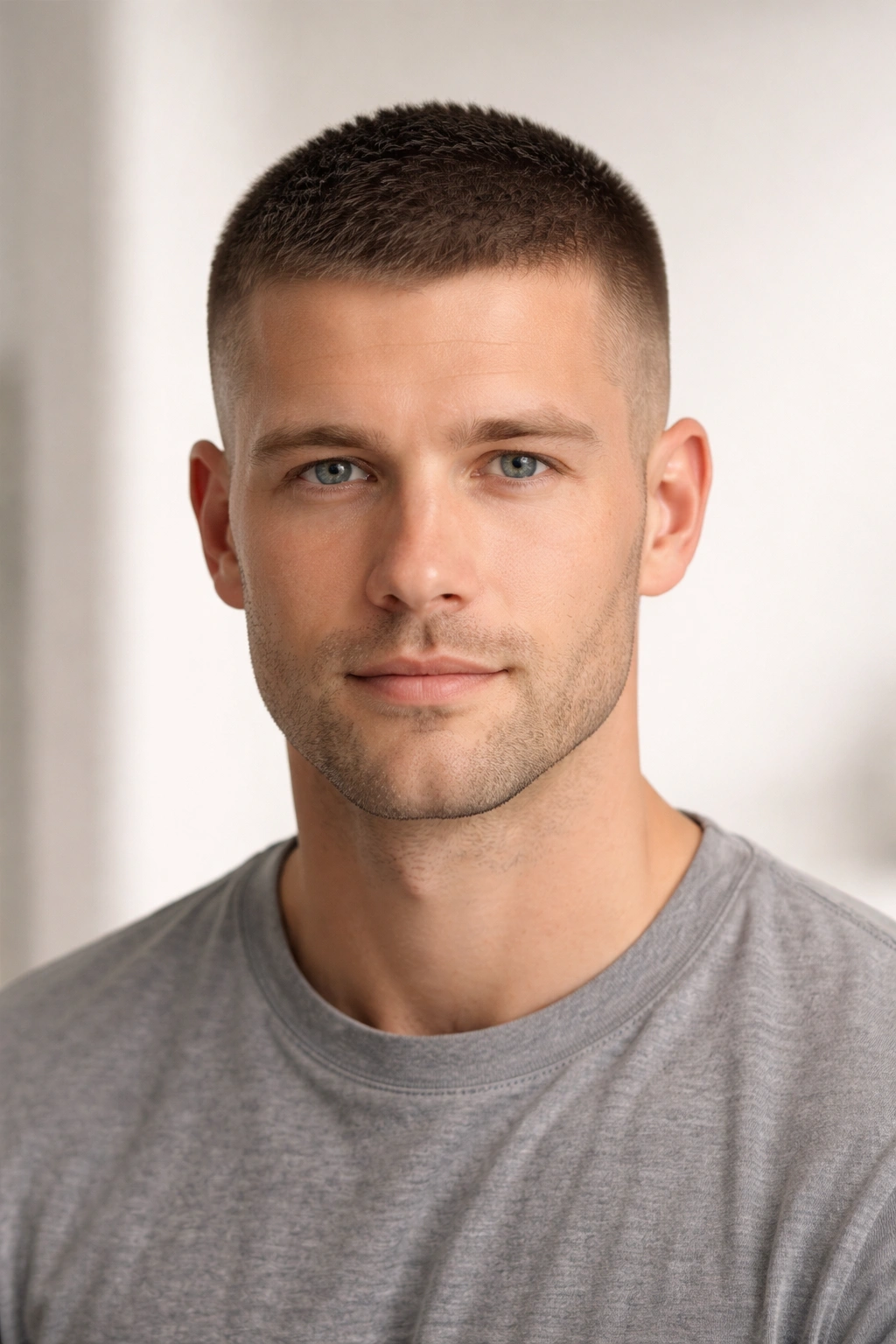 Portrait of a person with a crew cut, evenly short all over.