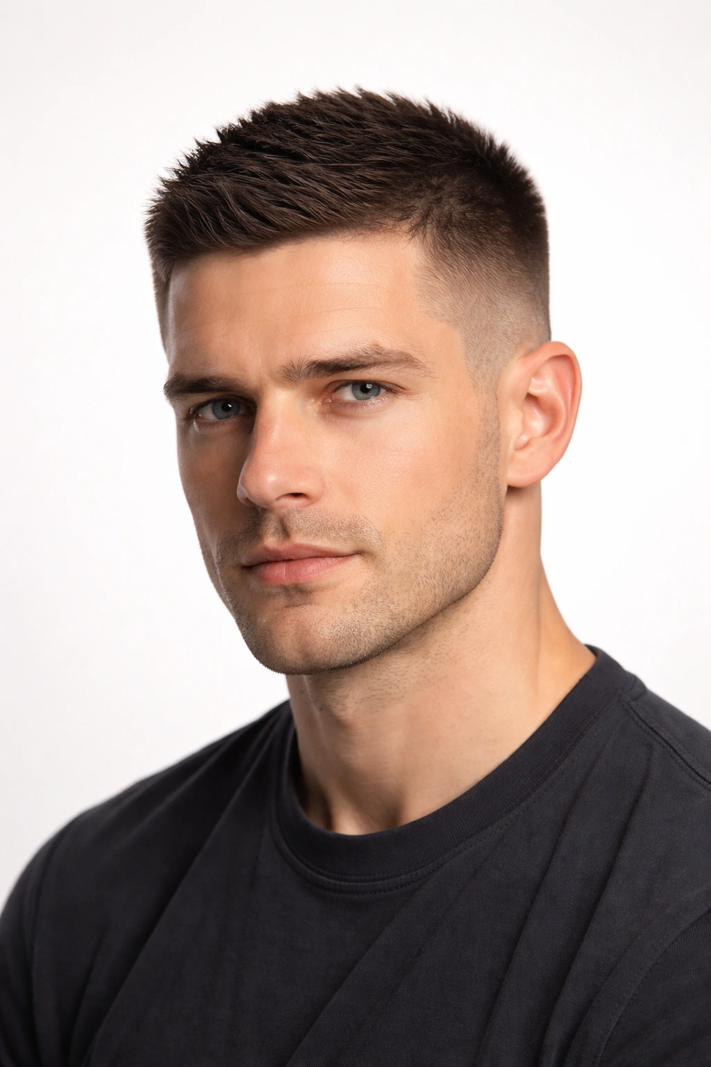 Close-up portrait of a man with a classic crew cut featuring a clean fade and a slightly longer top