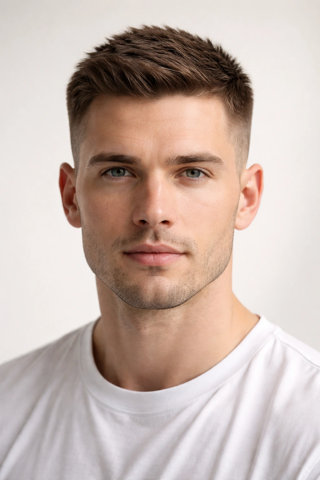 Portrait of a head with a classic crew cut hairstyle