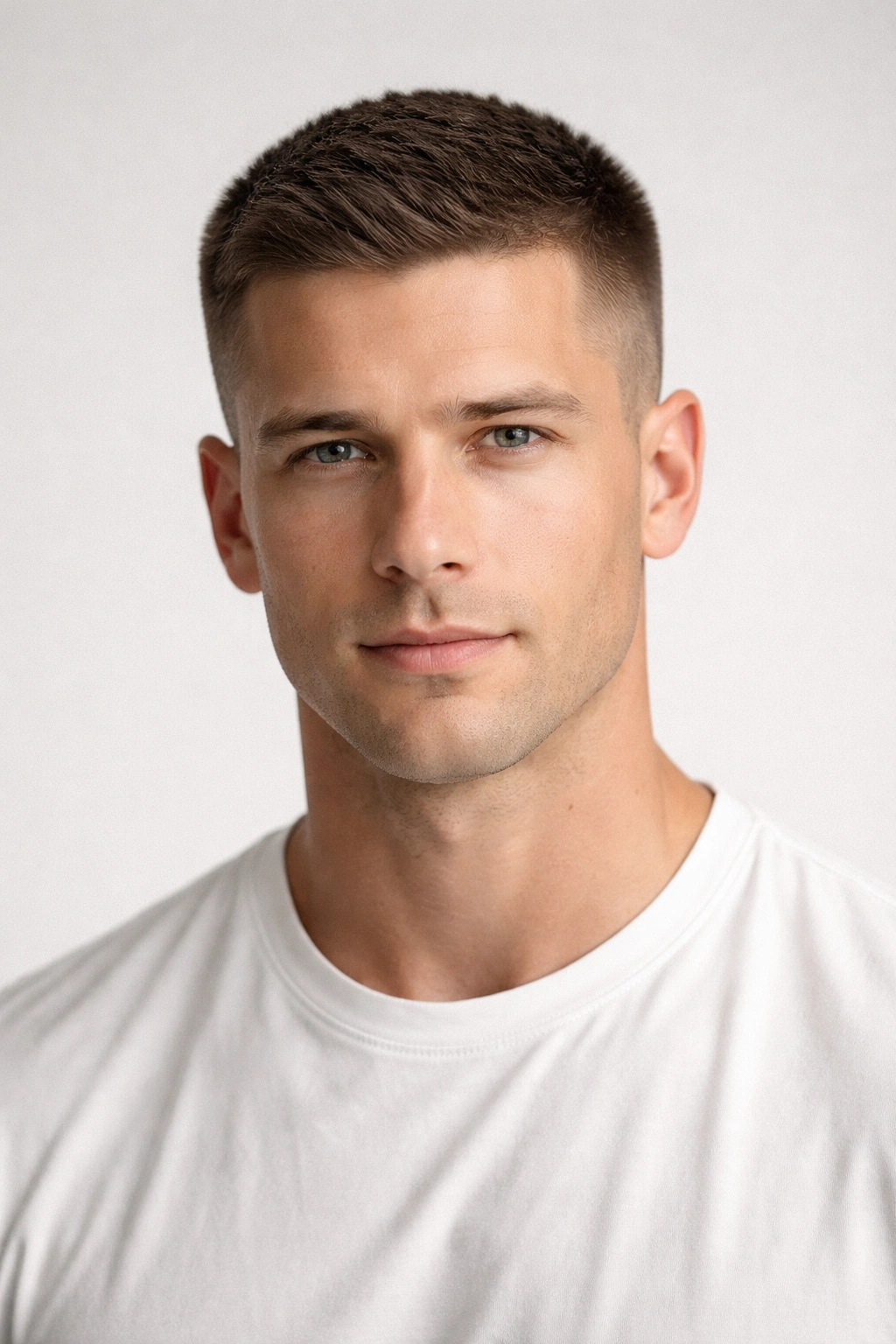 Close-up portrait of a man with a crew cut