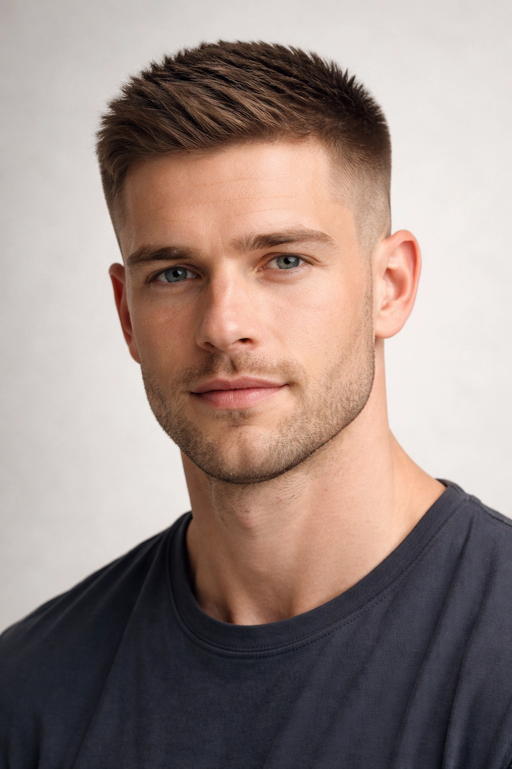 Profile portrait of a man with a classic crew cut and short sides