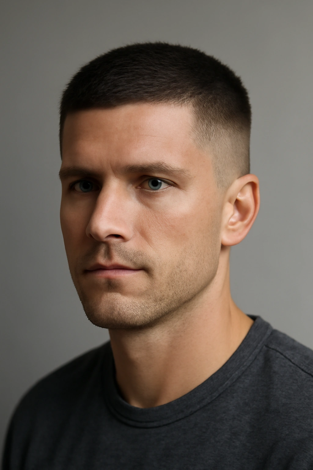 15 Sharp Short Haircuts Every Man Should Try 1 Close-up portrait of a man with a classic crew cut featuring short sides and a slightly longer top