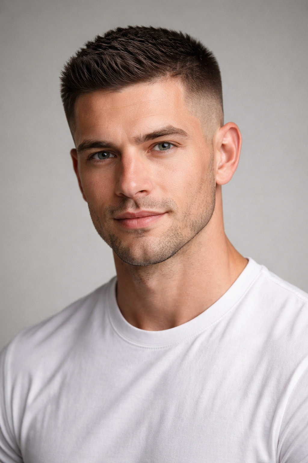 Close-up of a person with a classic crew cut, short sides and longer top, professional look.