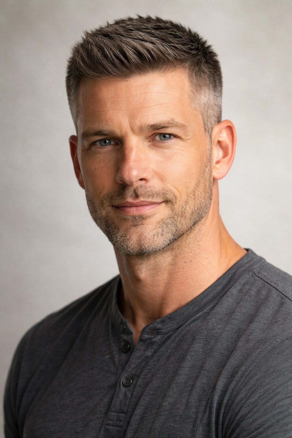 Portrait of a man with Crew Cut Refined, longer top and clipped sides, studio lighting.