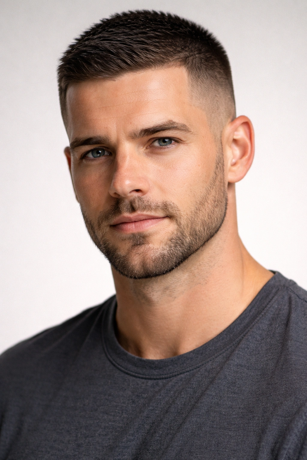 Portrait of a man with crew cut and stubble beard, studio lighting