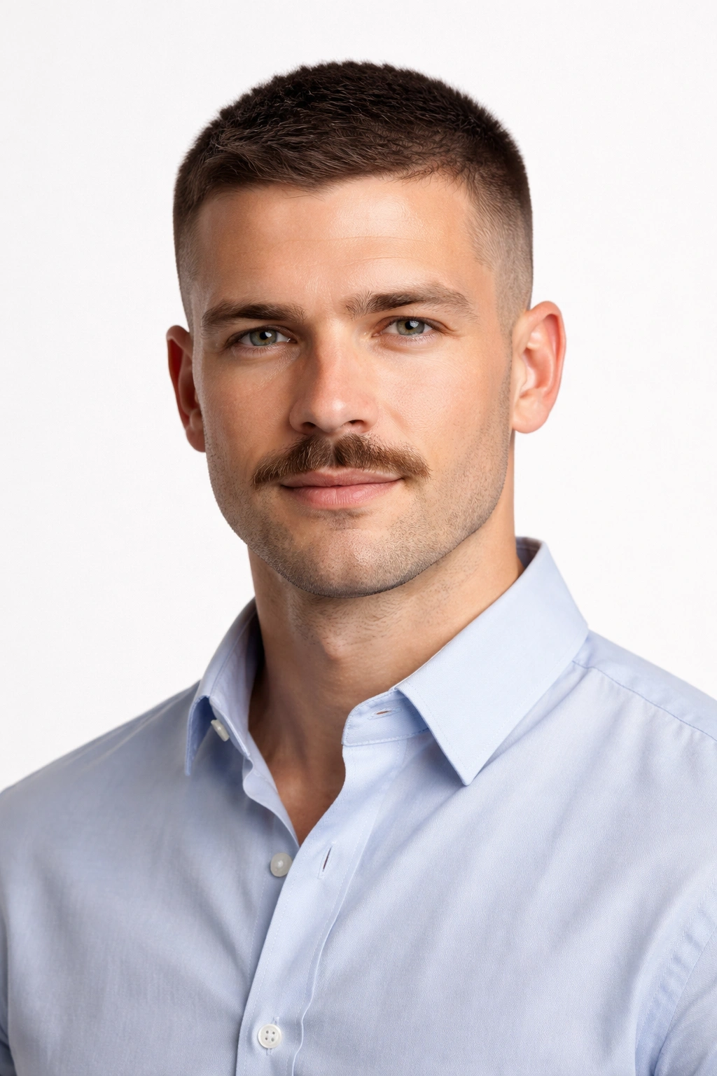 Portrait of man with crew cut and trimmed mustache
