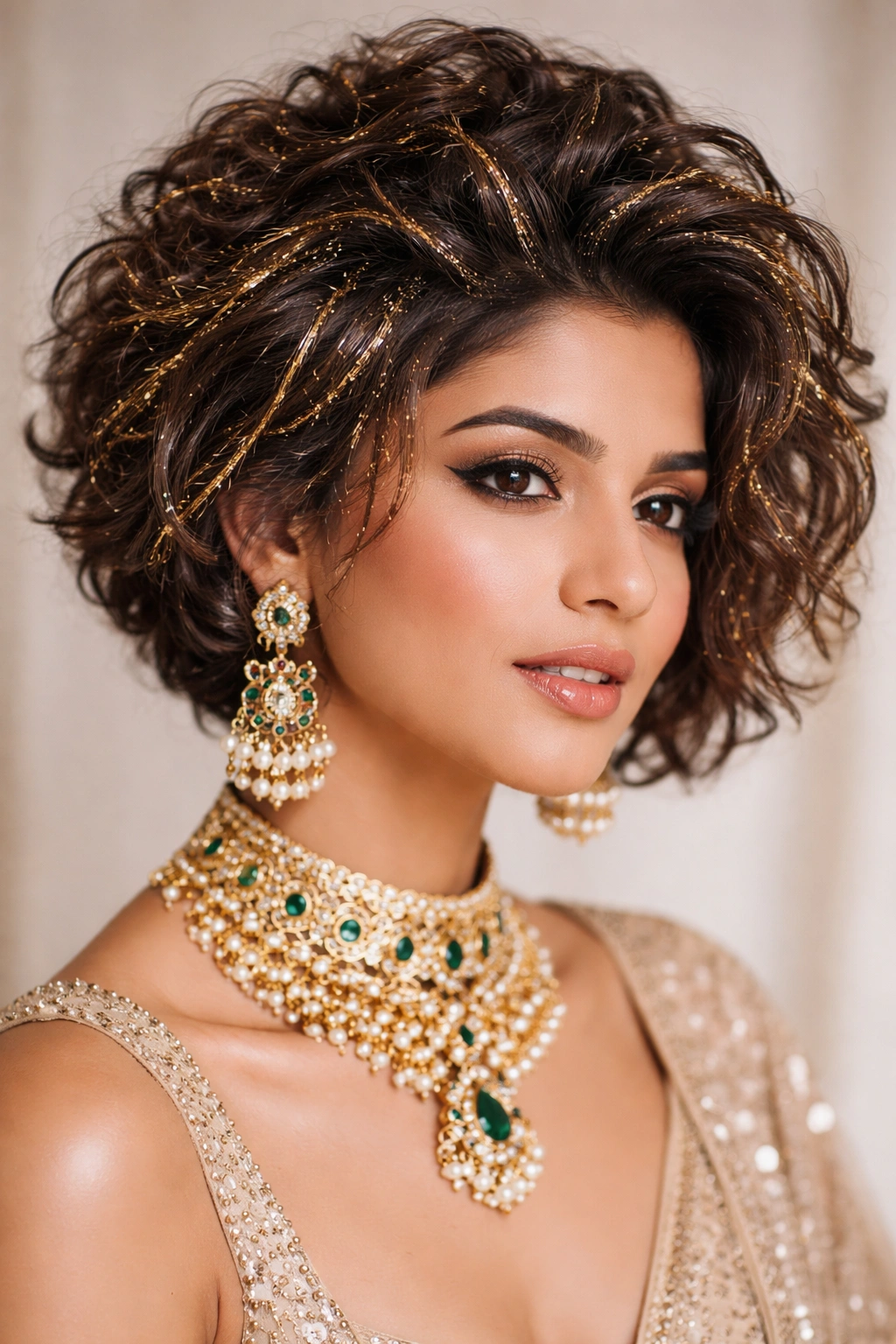Crimped, voluminous bridal hair with gold tinsel accents