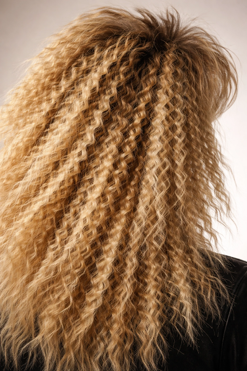 Close-up of crimped hair with zigzag texture and volume