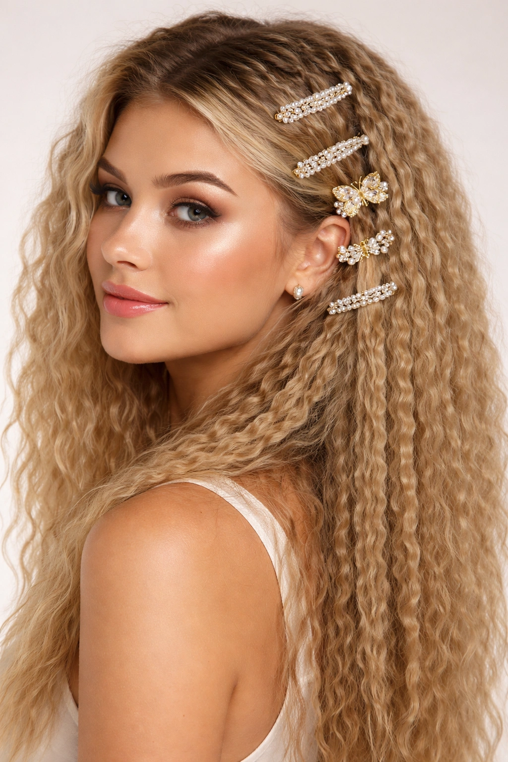 Crimped hair with decorative clips along the sides