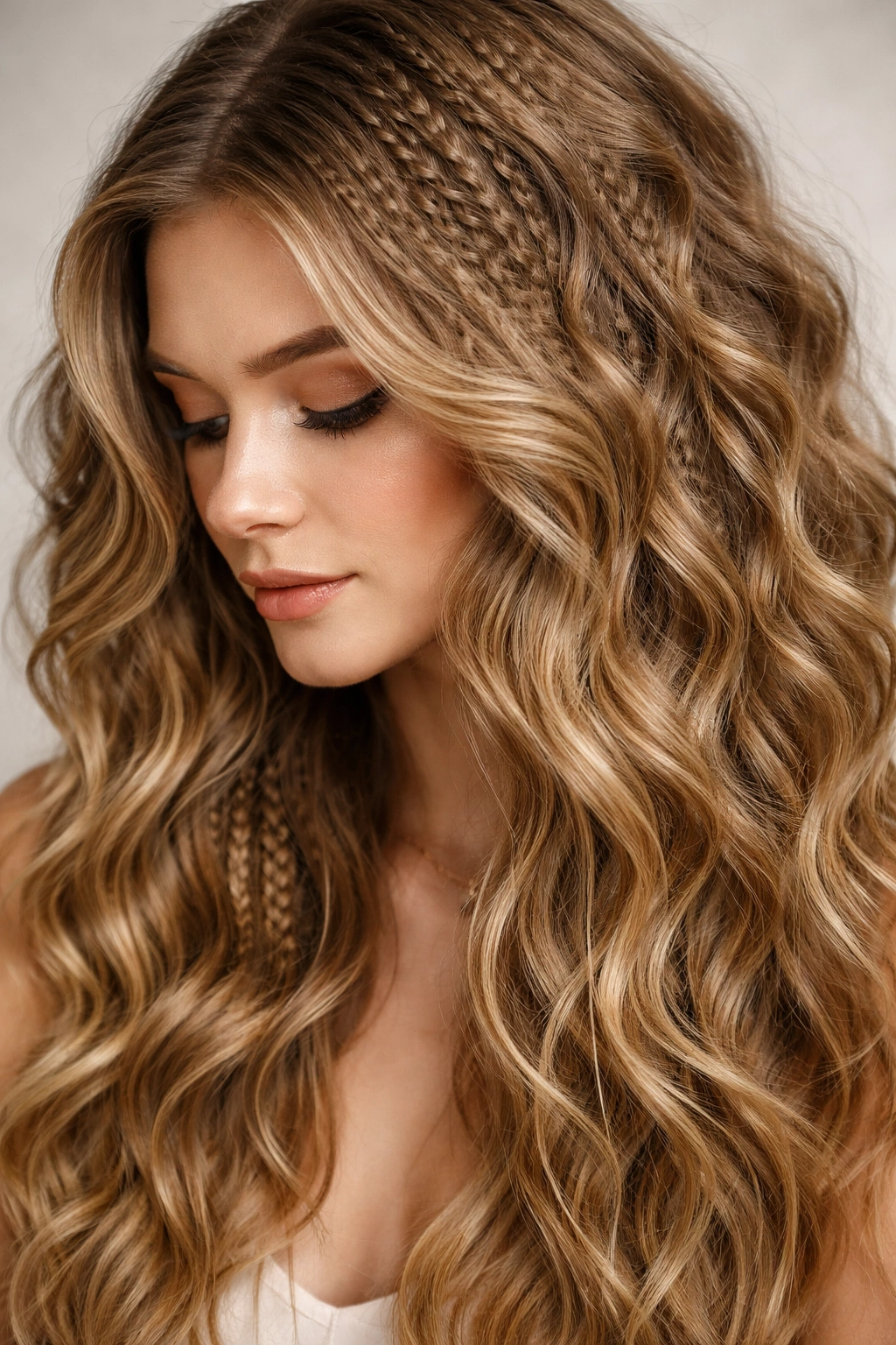 Hair with crimped sections blending into larger waves for texture