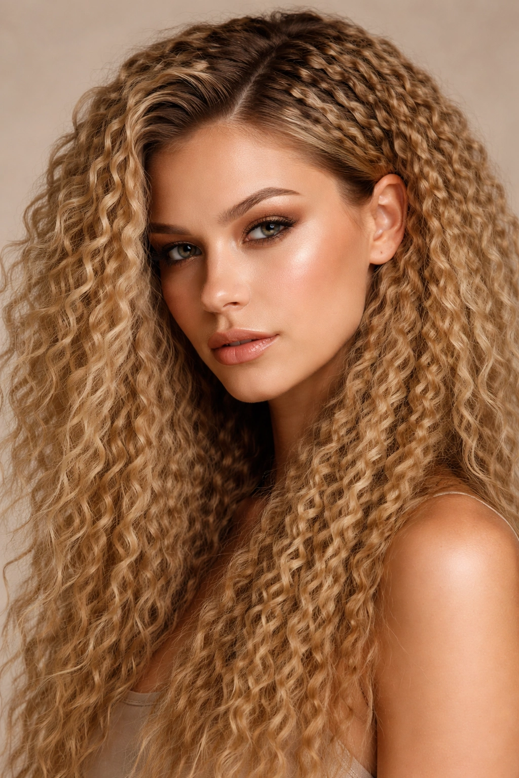 Close-up of crimped hair with zigzag waves and bold texture in studio lighting