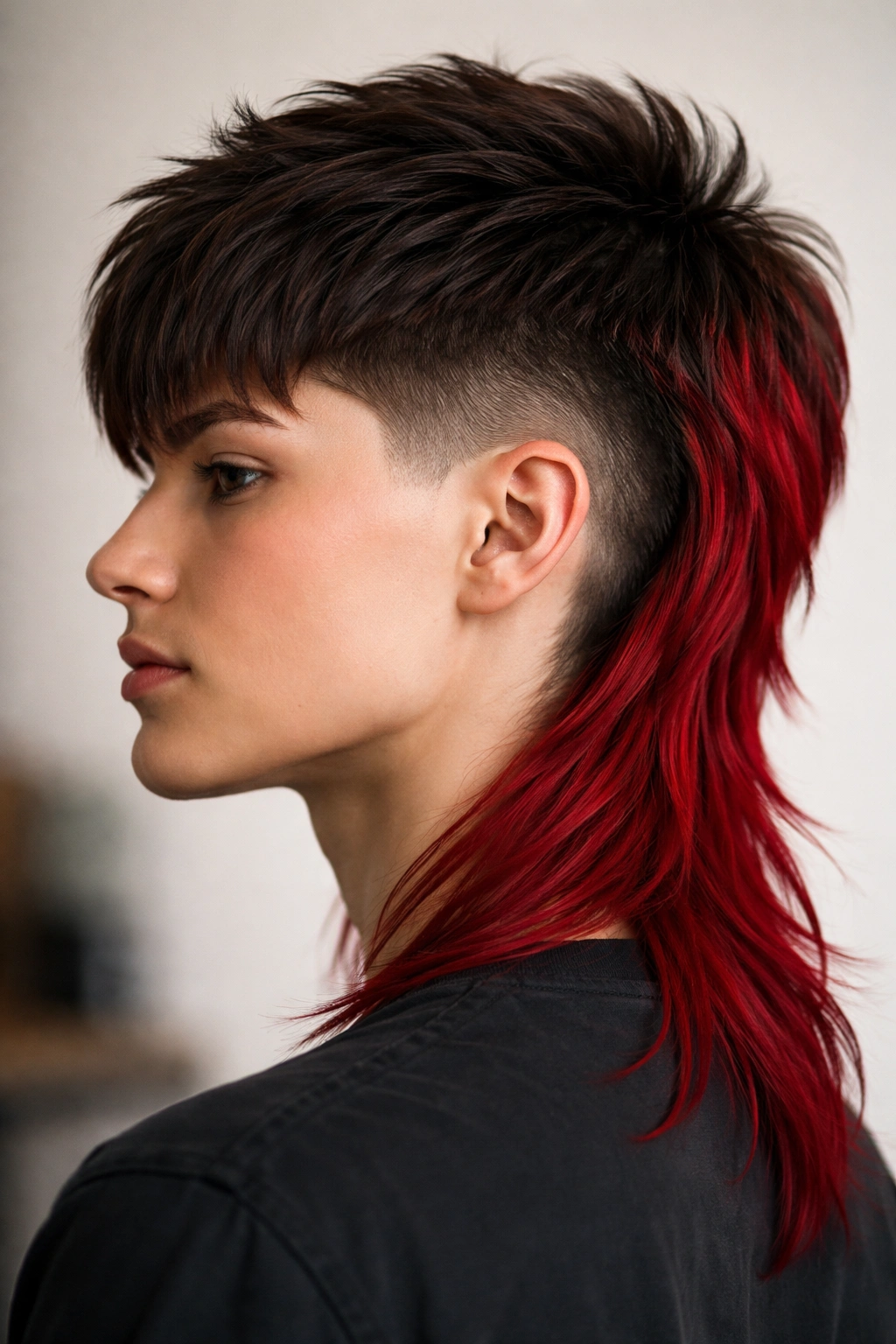 12 Dyed Mullet Haircuts Full Of Personality 10 Crimson red undercut mullet with brunette fade in a three-quarter view