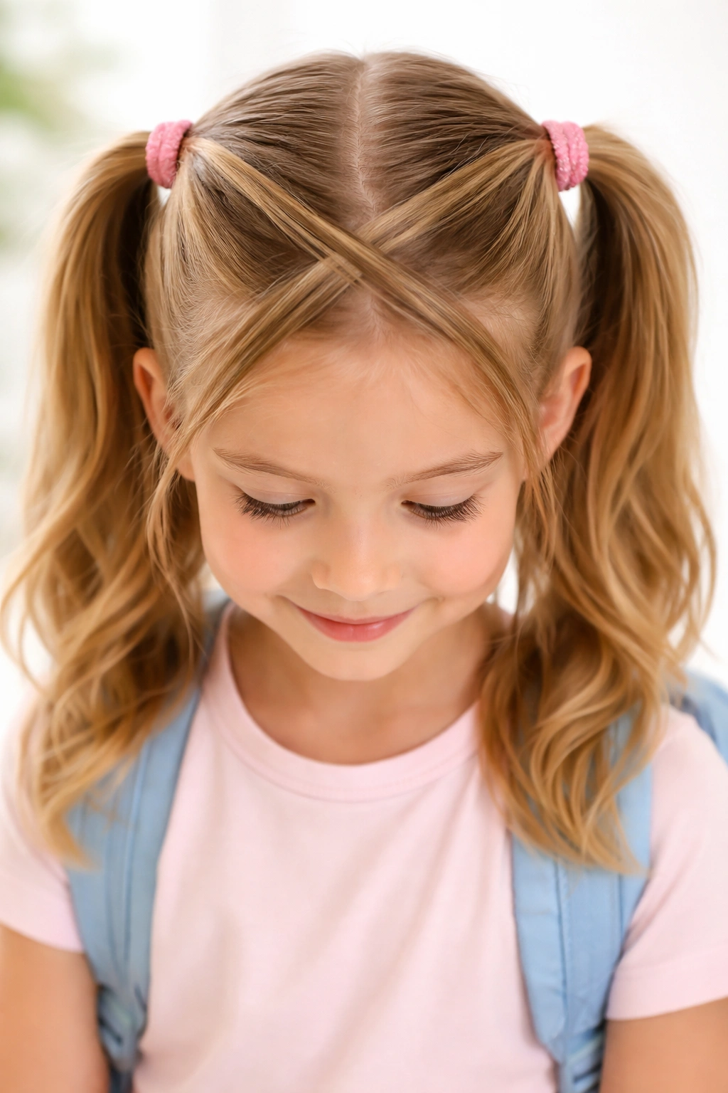 Top crown shot of a girl with criss-cross pigtails forming an X pattern