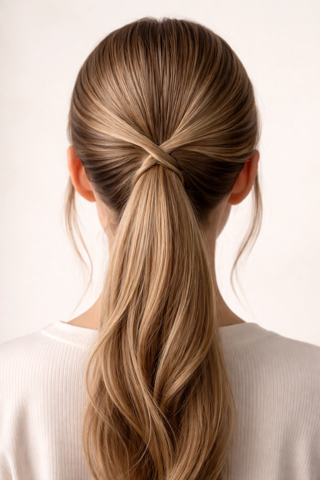 Close-up of criss-cross ponytail with X-back cross detail and sleek hair