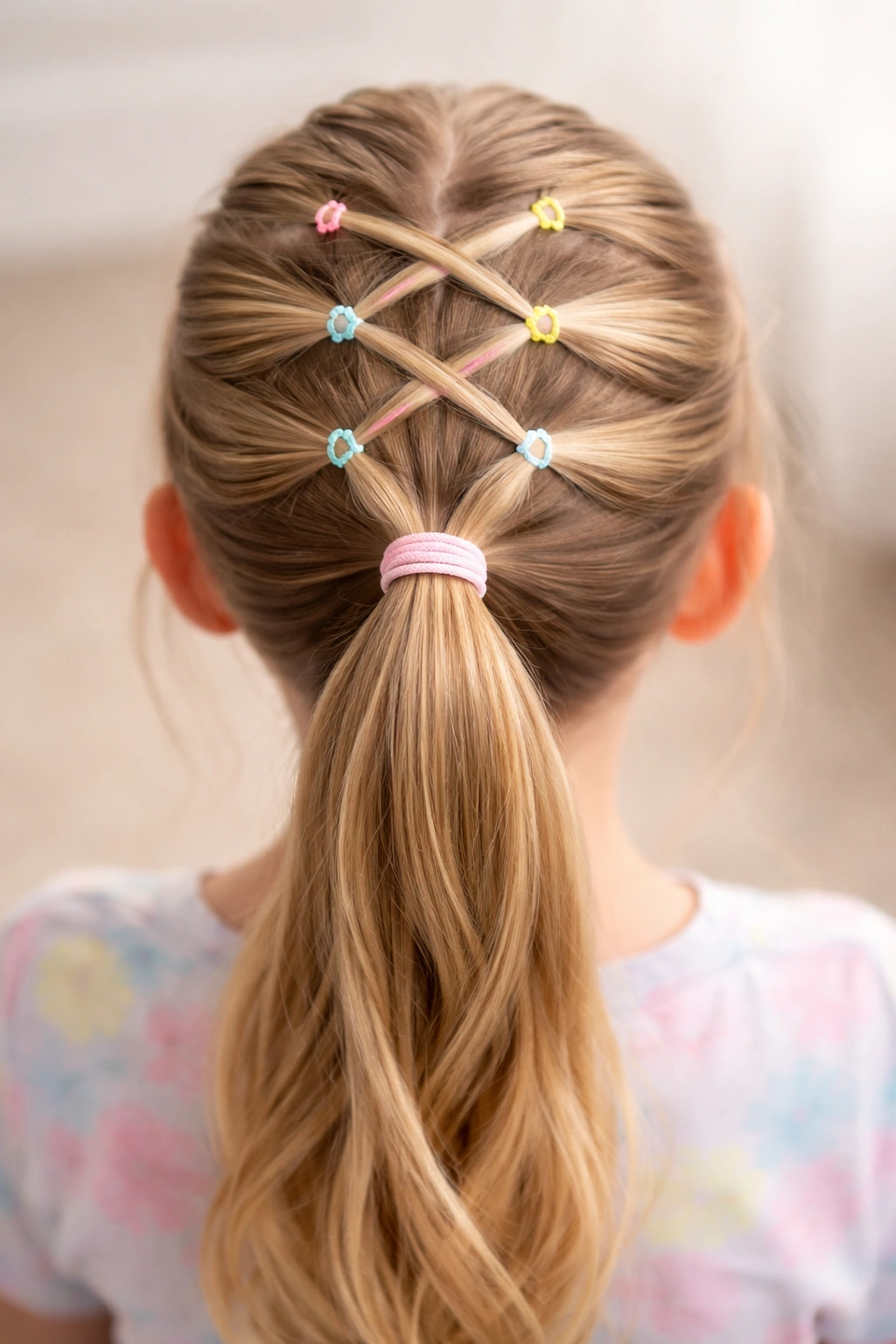 Back view of a child's crown with criss-cross ponytails using pastel elastics