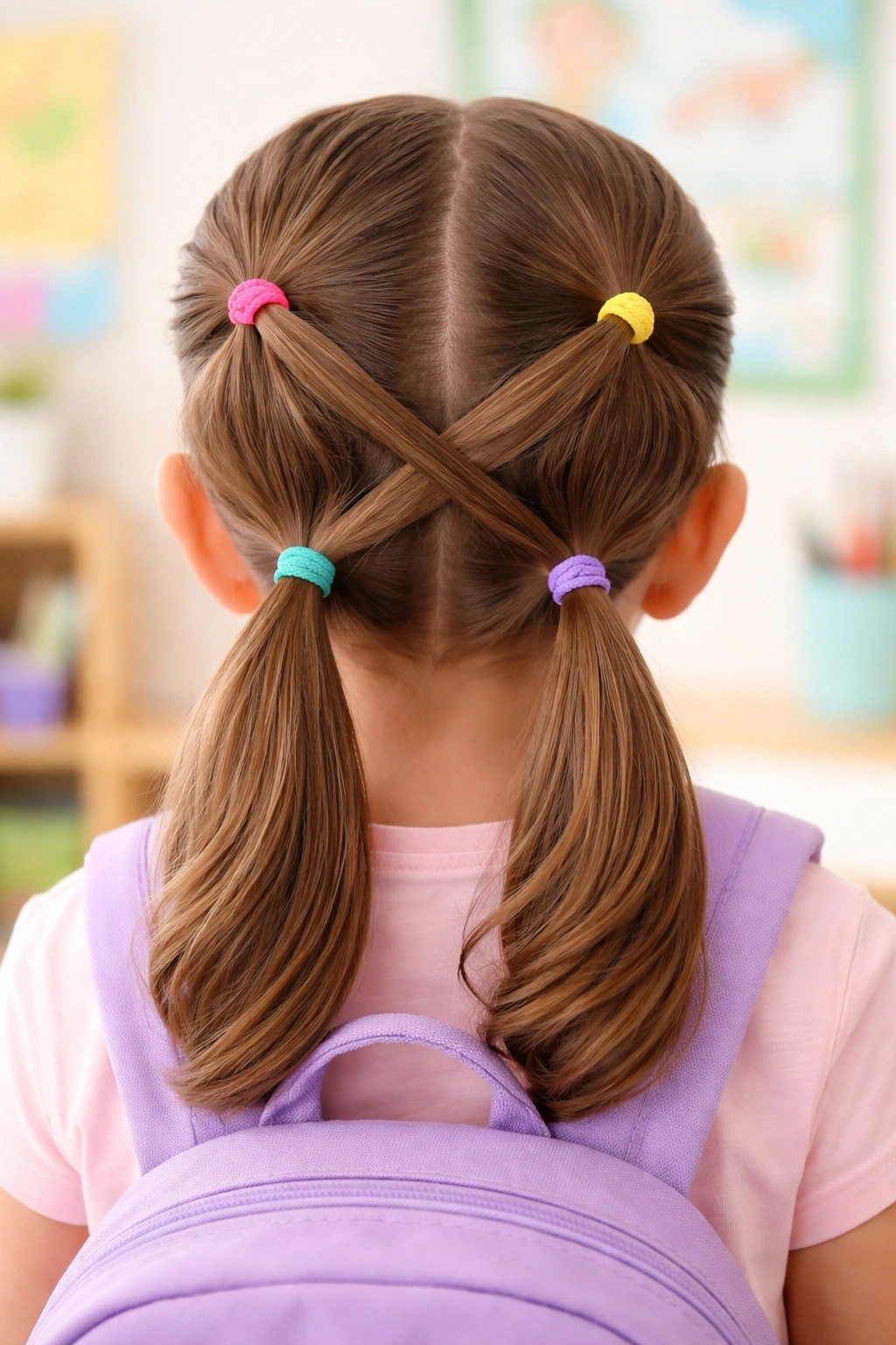 Back view of criss-cross ponytails forming an X