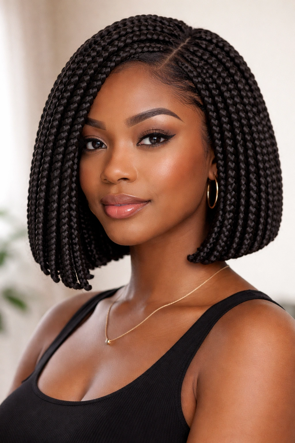Close-up of a crochet braid bob with defined lines and glossy shine