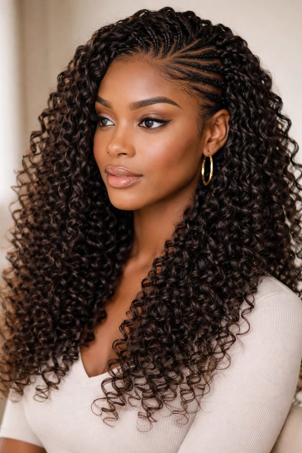 15 Protective Styles That Still Look Put Together 4 Portrait of crochet braids with curly texture on a clean cornrow base