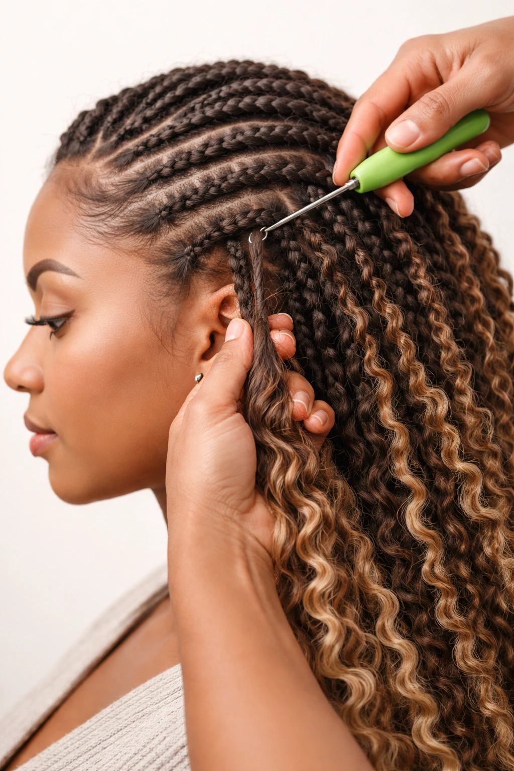 Side view of crochet braids with a latch hook threading extensions through cornrows