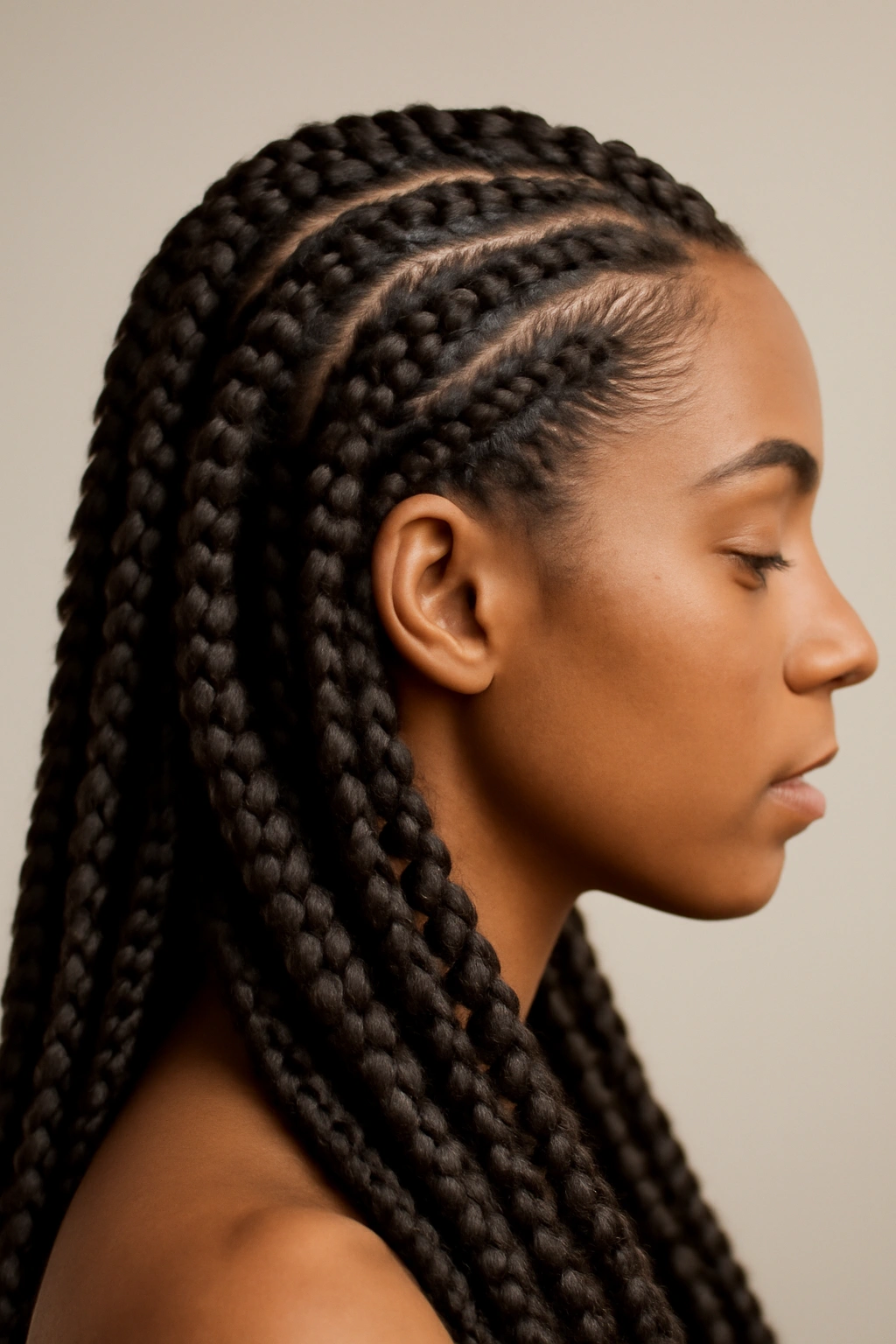 12 Protective Braids for Natural Hair to Bookmark 10 Side-angle close-up of crochet braids with cornrow base and hooked extensions.