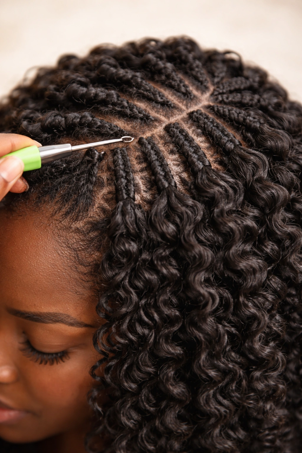 Close-up of crochet braids with loops woven into the scalp foundation
