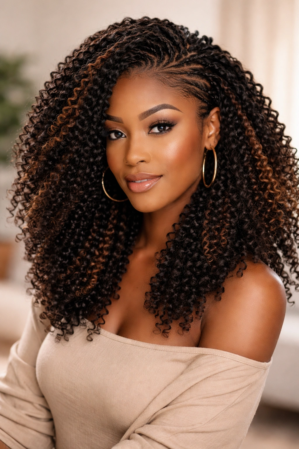 Crochet braids with mixed textures on cornrow base