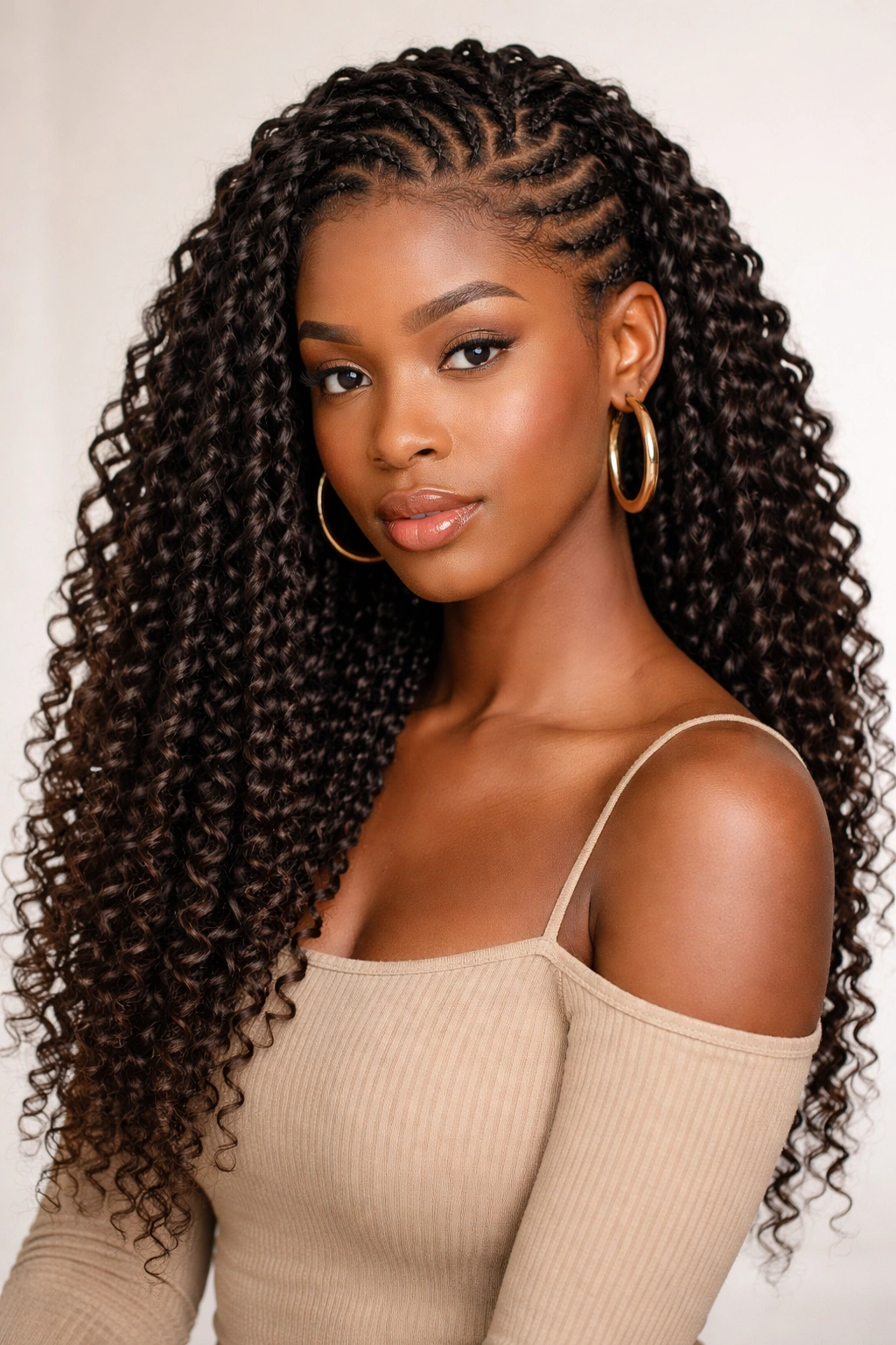 Crochet braids on a cornrow base with textured, voluminous synthetic hair.