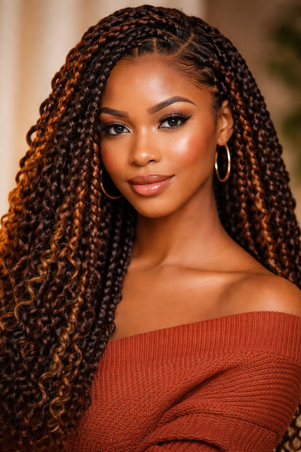 Close-up portrait of crochet braids with varied textures on a head